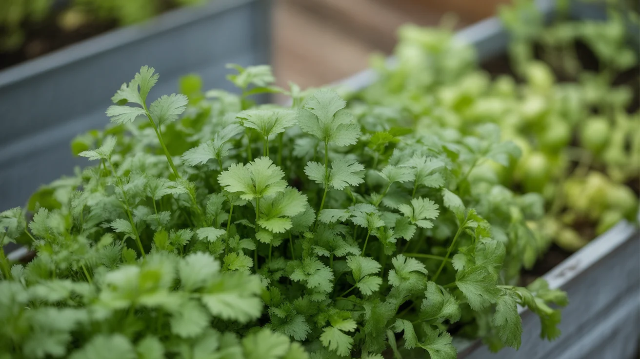 Healthy cilantro with rounded lower leaves and finely divided upper foliage