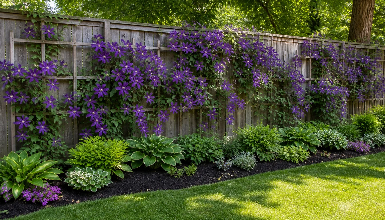 A purple large-flowered clematis trained along trellis panels on a garden fence, with low leafy perennials and dark mulch shading the base of the vine
