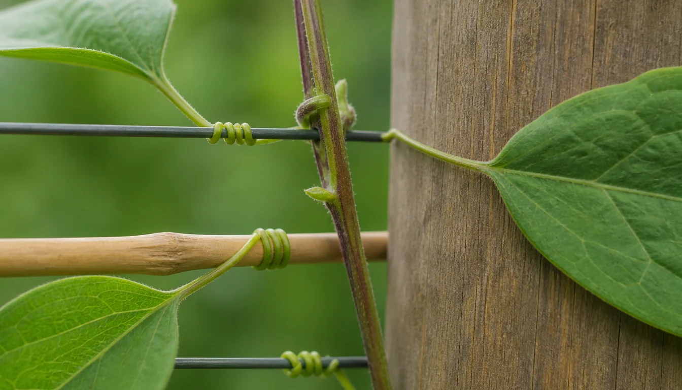 Clematis leaf stalks coiled tightly around a thin wire and a slim bamboo cane, beside a leaf stalk lying flat against a thick wooden post with nothing to wrap around