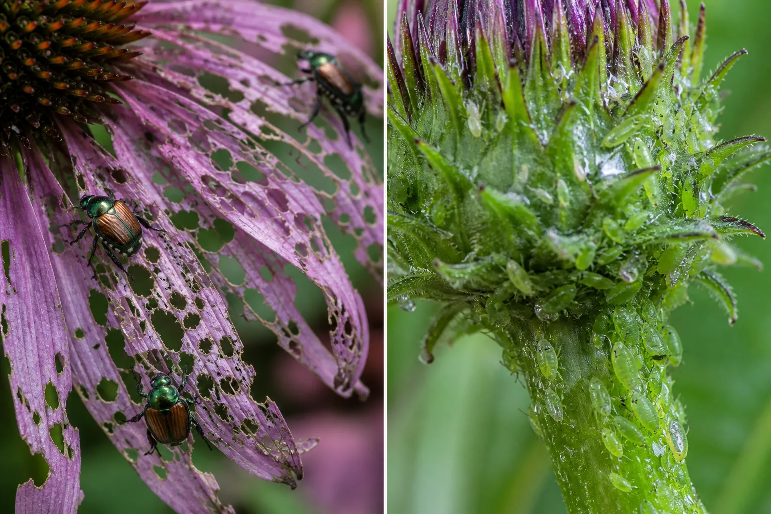 Close comparison of lacy skeletonized coneflower petals from Japanese beetle chewing beside a cluster of aphids with sticky honeydew on a coneflower bud