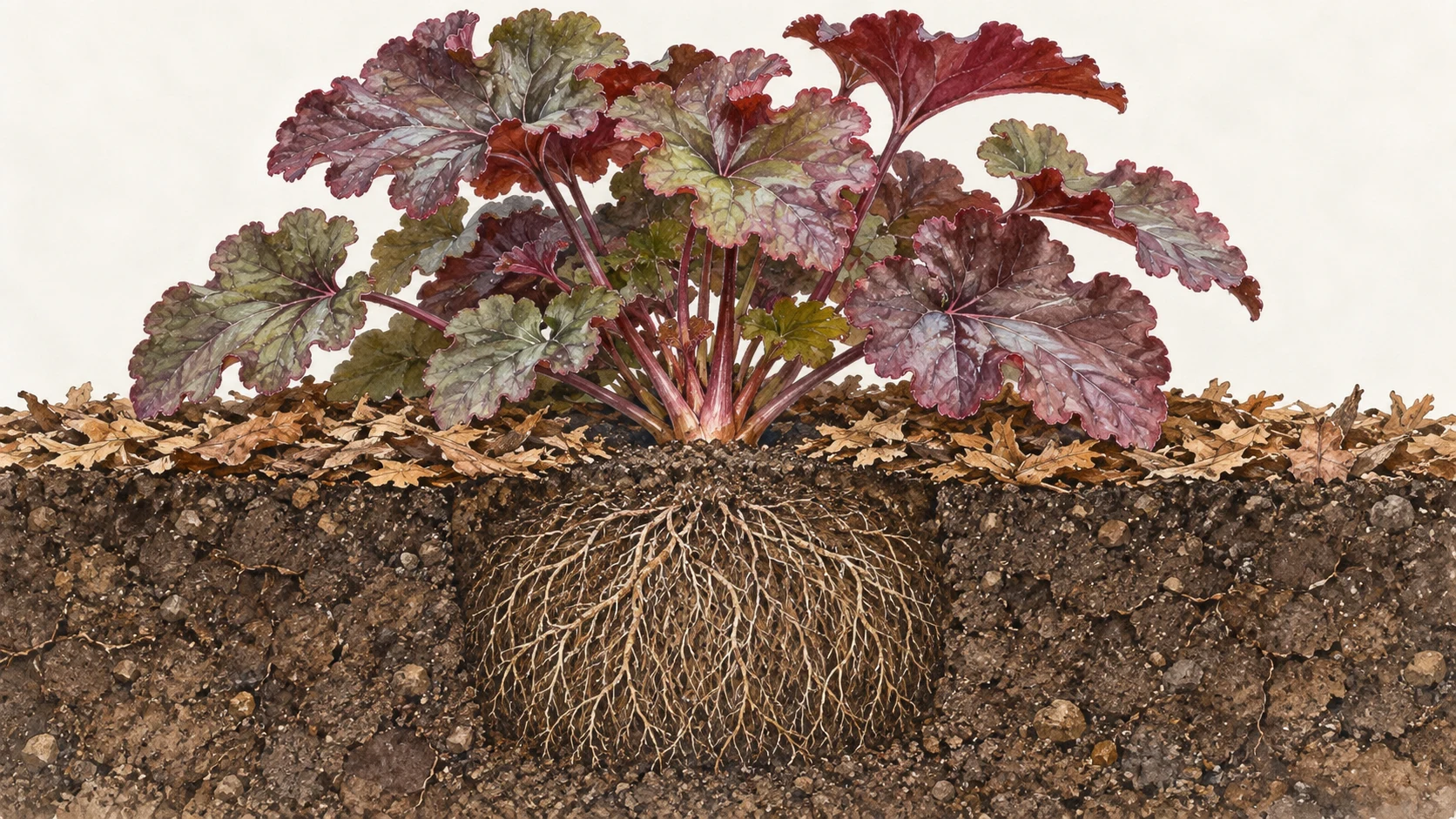 Illustrated Heuchera crown at the soil surface, with covered fibrous roots and a gap in the surrounding leaf mulch.