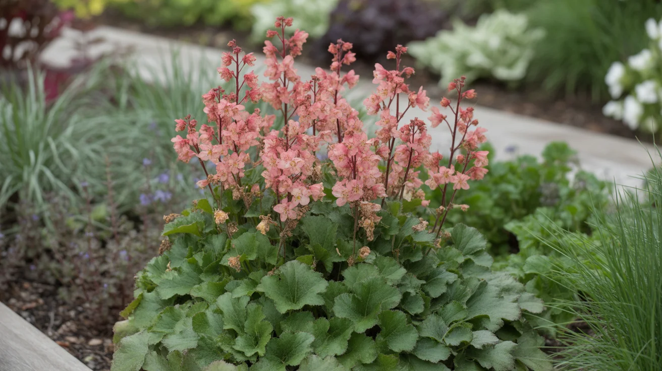 Coral bells with green lobed leaves and pink flower stems beside a garden path.