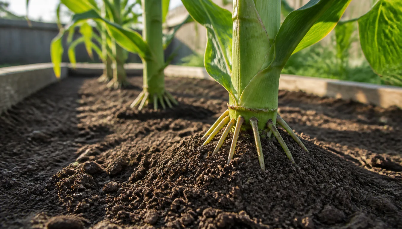 Corn brace roots entering a low mound of soil around the stalk base