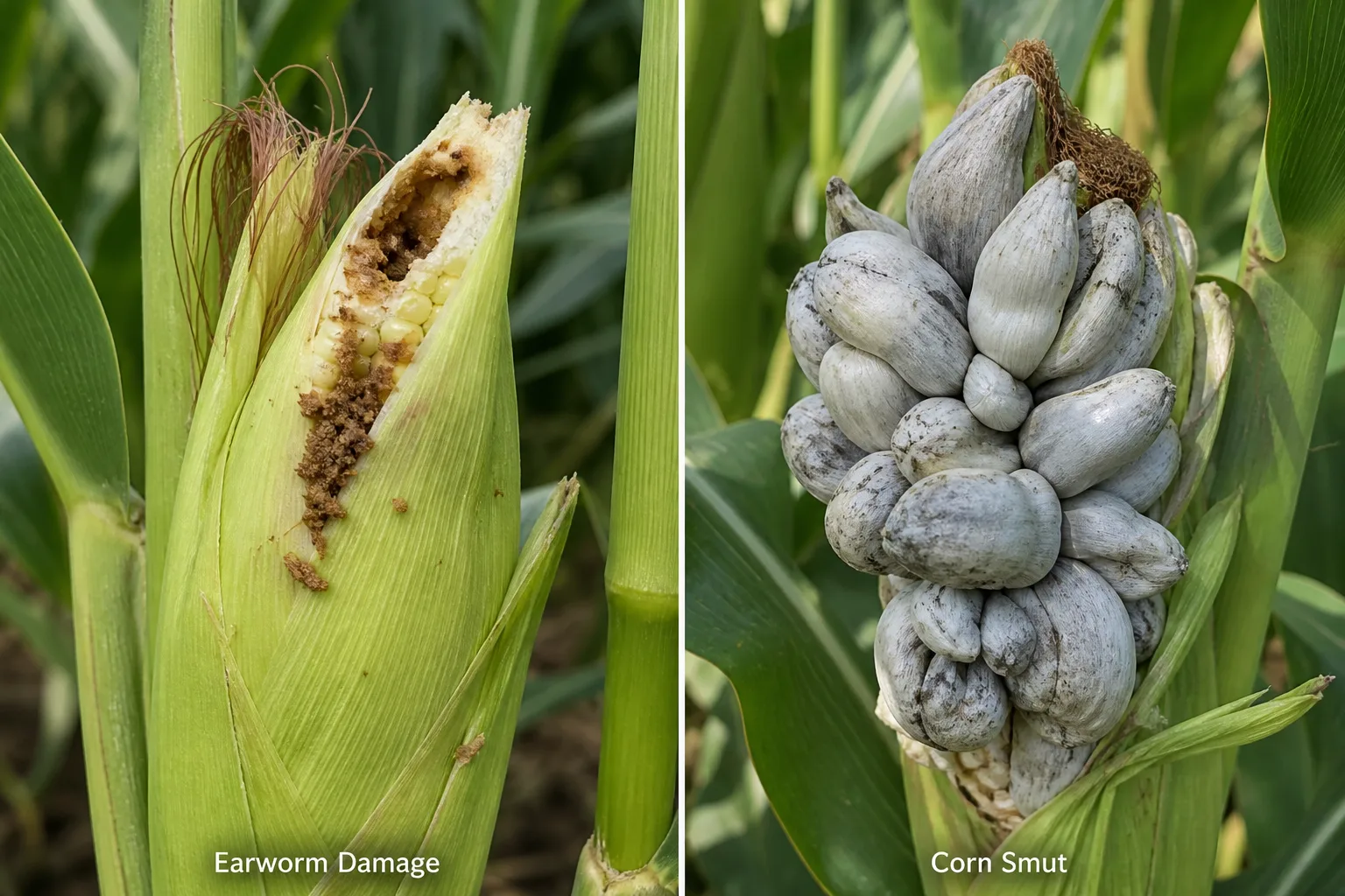 Side-by-side comparison of a sweet corn ear with earworm-chewed tip and frass beside a corn ear with large gray corn smut galls replacing kernels