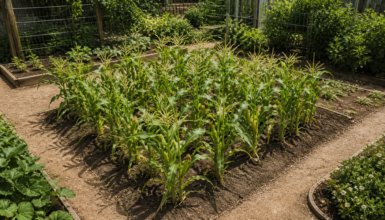 Backyard sweet corn growing in a compact square block of four short rows with paths around the patch