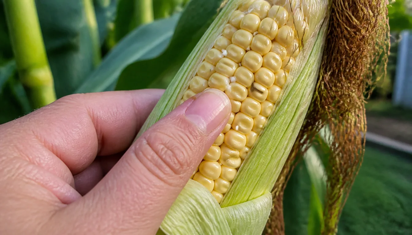 Ripe sweet corn ear with brown silks and exposed plump kernels being pressed for a milk-stage harvest check