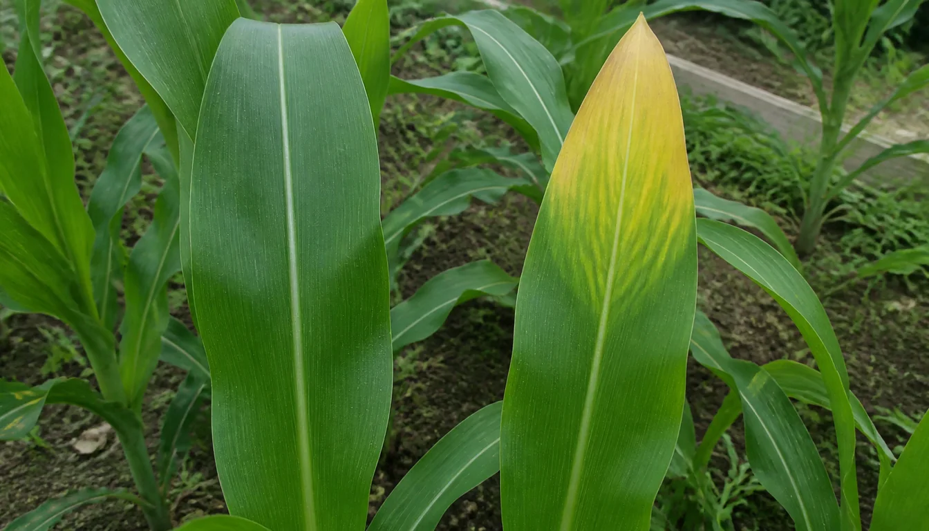 Healthy green corn leaf beside a leaf with V-shaped yellowing from the tip