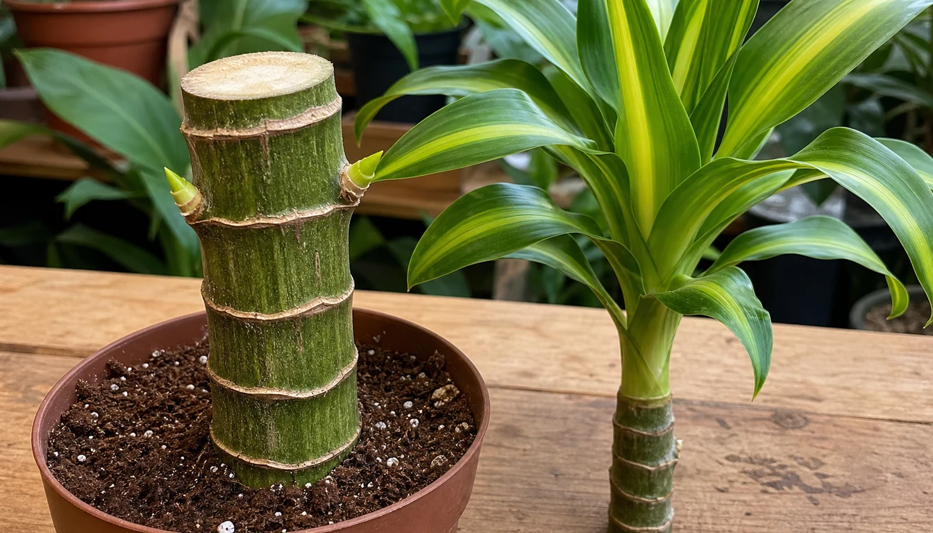 Firm corn plant cane with a clean cut and new shoots emerging below it beside a leafy top cutting