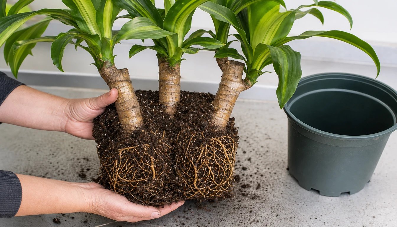 Multi-cane corn plant lifted from its pot with separate cane bases entering distinct areas of one shared root ball