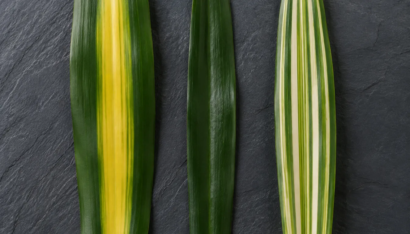 Broad leaves with a yellow center band, solid green color, and fine cream-and-lime striping