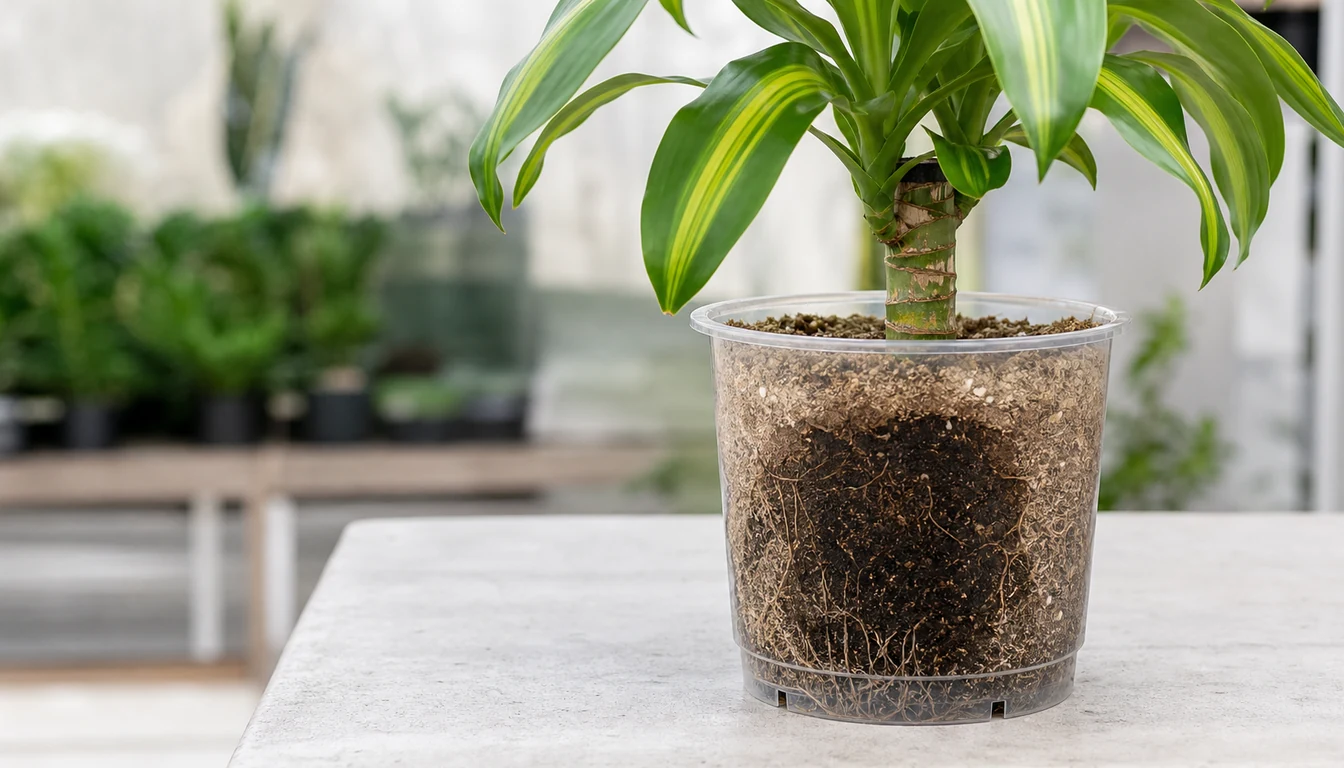 Corn plant demonstration pot showing pale dry upper mix above a darker damp root-ball center