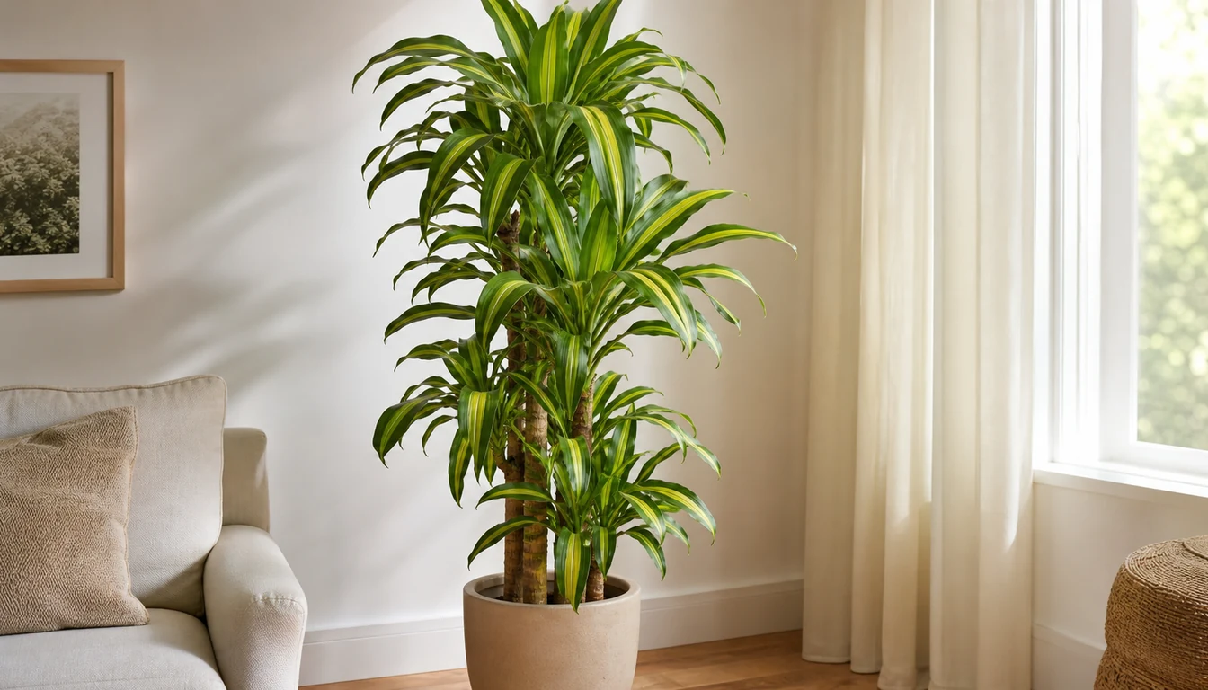 Healthy multi-cane corn plant with broad leaves and clear yellow center stripes beside filtered window light