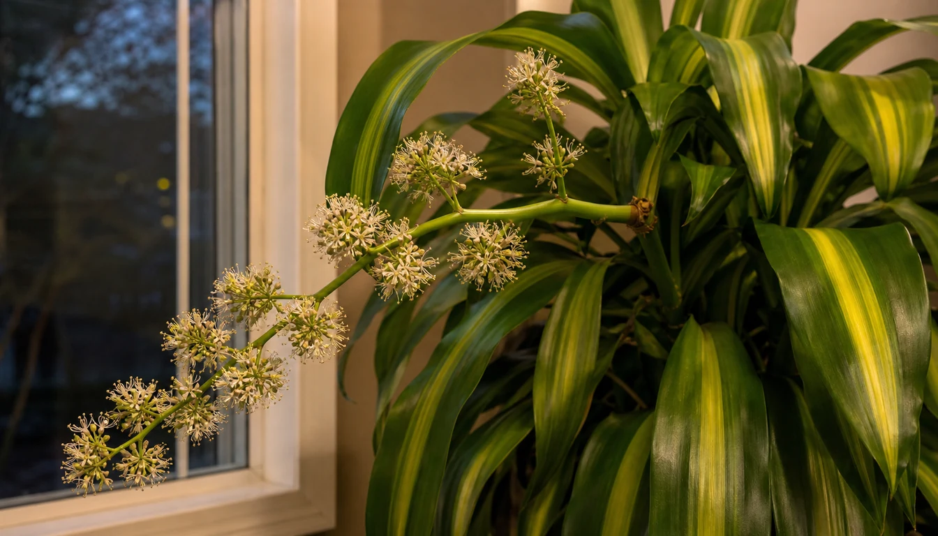 Mature corn plant crown with a branched stalk of small cream star-shaped flowers