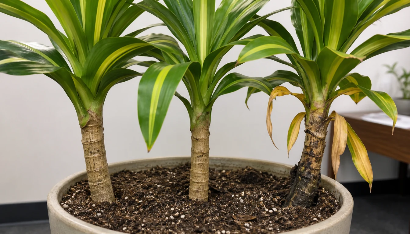 Multi-cane corn plant with two firm green canes and one dark soft cane below its yellowing crown