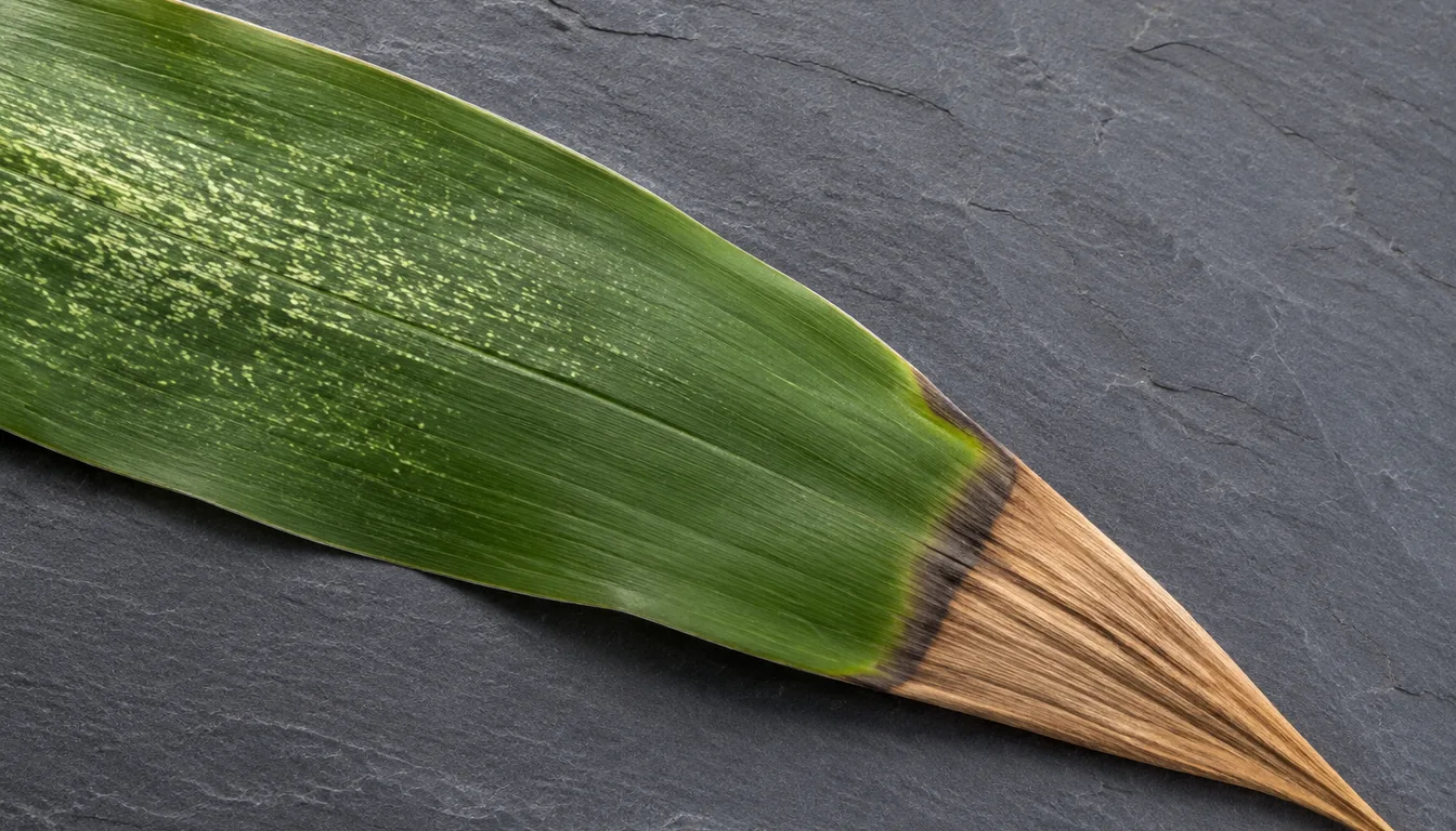 A broad leaf with a brown tip and pale speckling farther back on green tissue