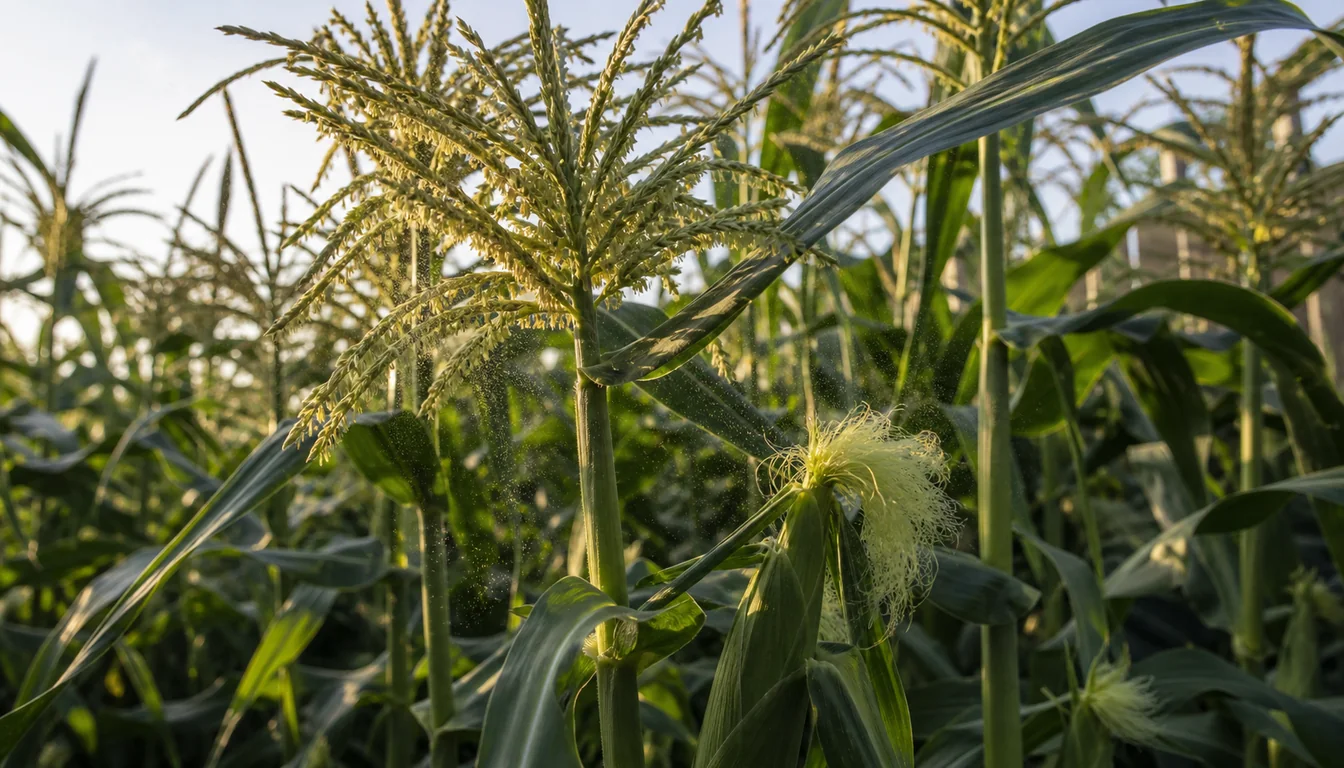 Corn tassels shedding pollen above fresh silks inside a dense backyard block