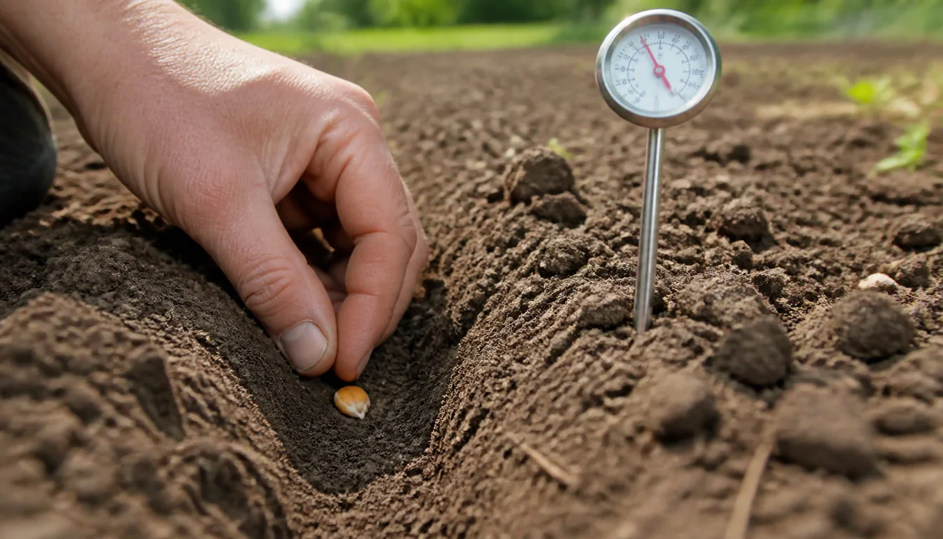Sweet corn kernel being planted at measured depth in warm crumbly garden soil