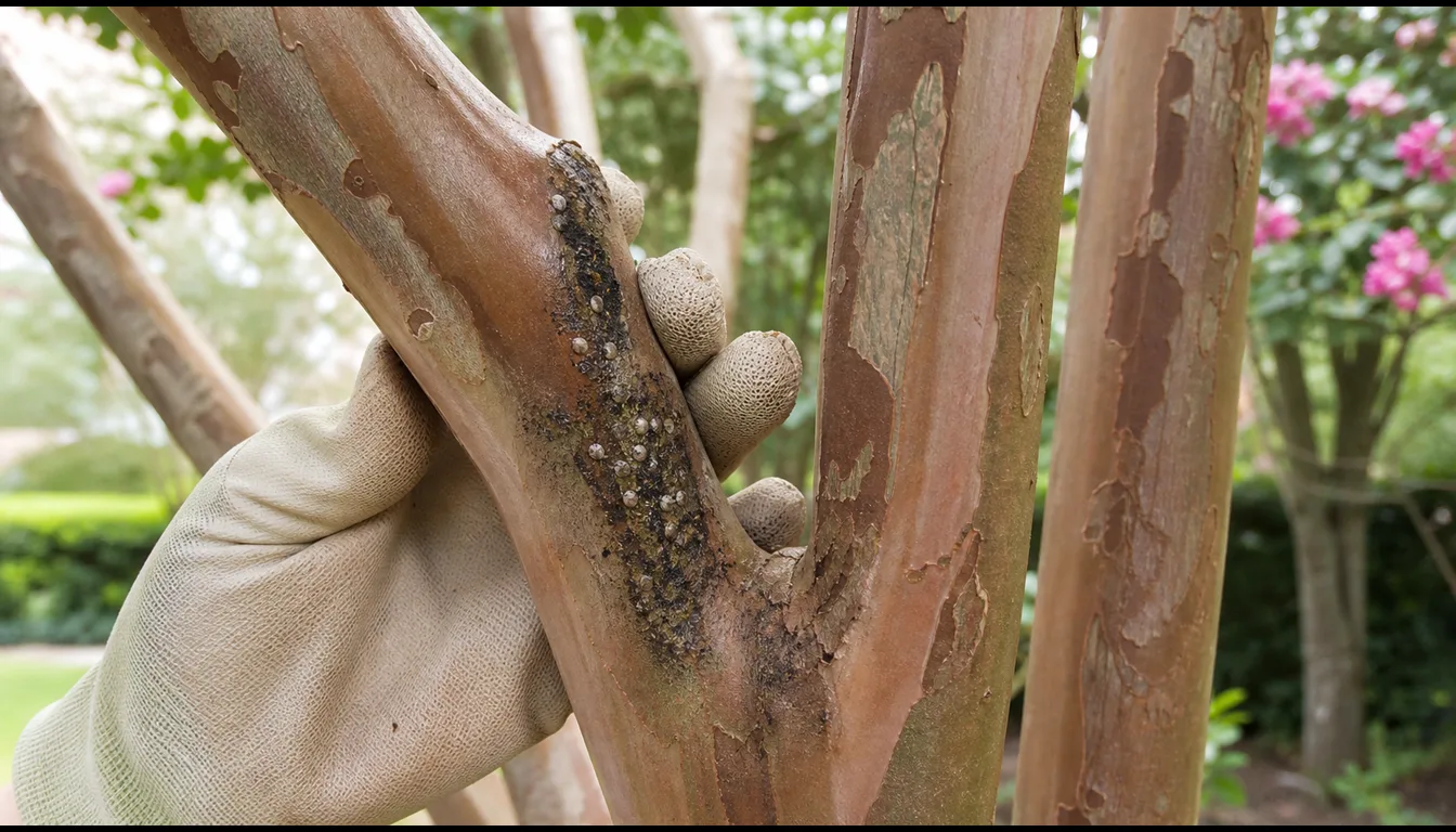 Crepe myrtle bark scale and dark sooty residue visible in a branch crotch during inspection