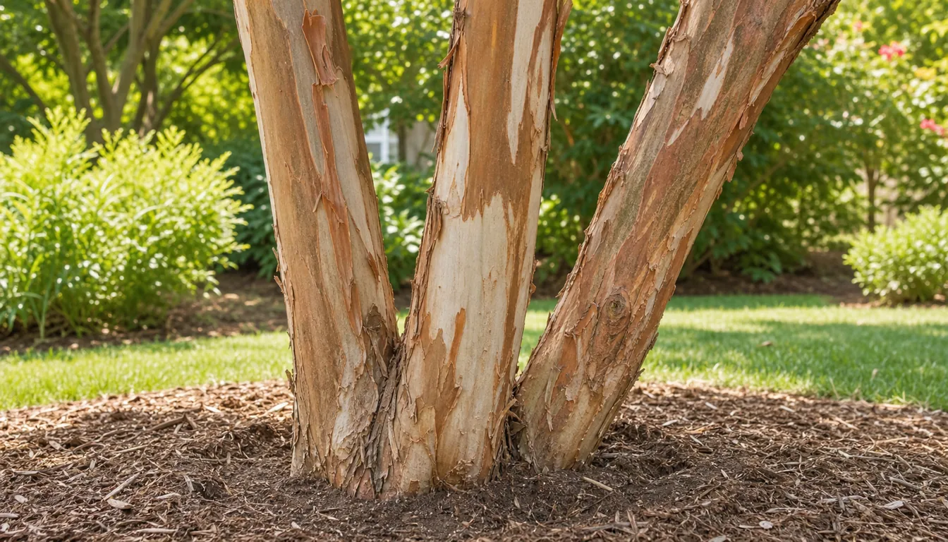 Crepe myrtle trunks with selective pruning cuts that leave open branching and peeling bark visible