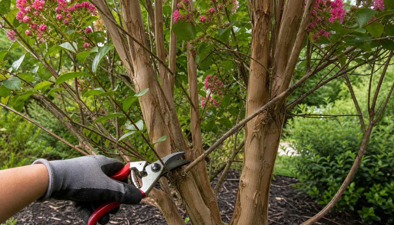Crepe myrtle branches with summer flowers, open interior growth, and visible bark