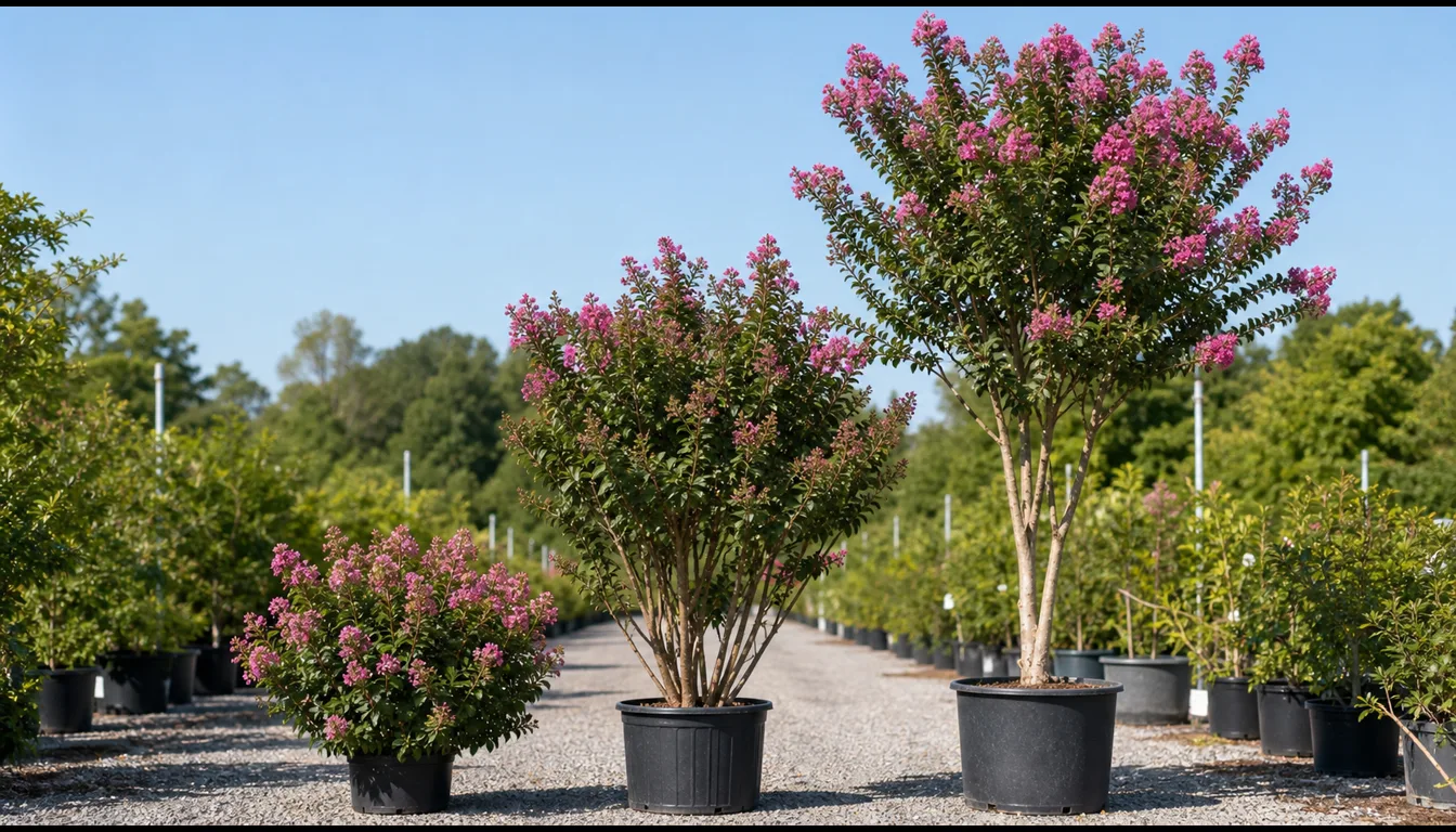 Dwarf, shrub, and small tree crepe myrtles shown together in a sunny nursery row