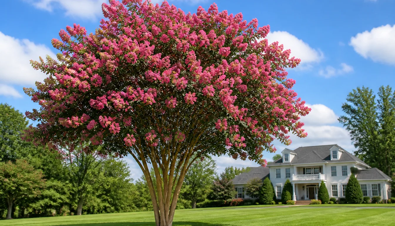A mature crepe myrtle grown as a small multi-trunk tree on a sunny lawn in midsummer, heavy pink flower panicles across the canopy above smooth mottled cinnamon trunks left clear of branches
