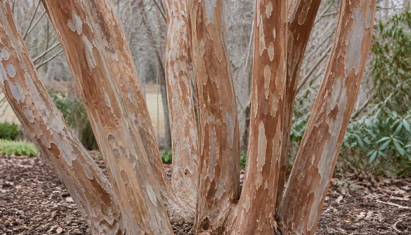 Several clean crepe myrtle trunks rising from one base in winter, their bark smooth and mottled cinnamon, tan and pale gray where thin outer layers have flaked away