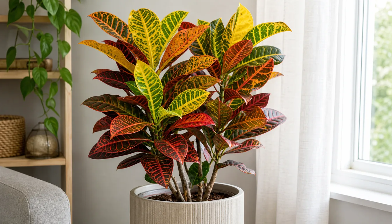 Colorful croton houseplant with red, yellow, orange, and green leaves in bright filtered light