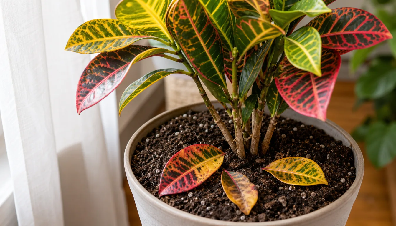 Croton pot near a bright window with lower leaves being checked for drop stress