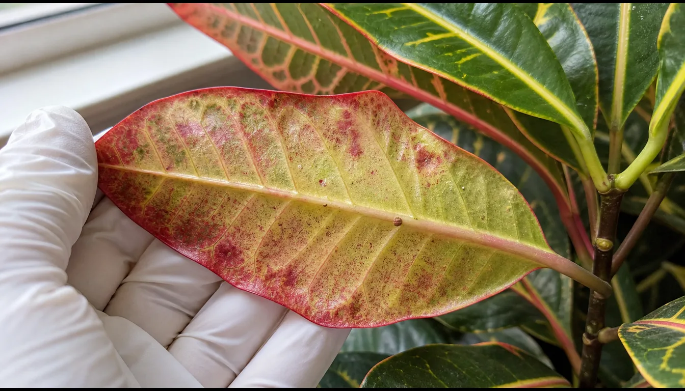 Croton leaf underside supported by a gloved hand with subtle speckling and a raised bump near the midrib