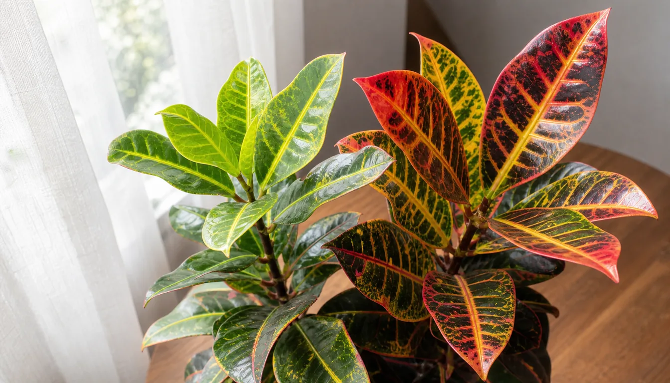 Croton leaves showing stronger color on the bright window side and greener interior leaves