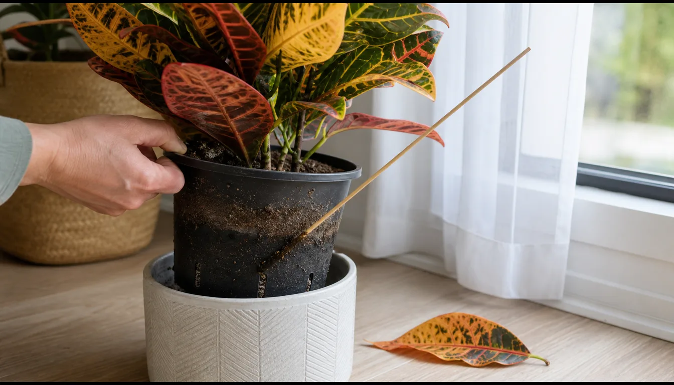 Croton nursery pot lifted from a cachepot with a moisture skewer and one dropped lower leaf nearby