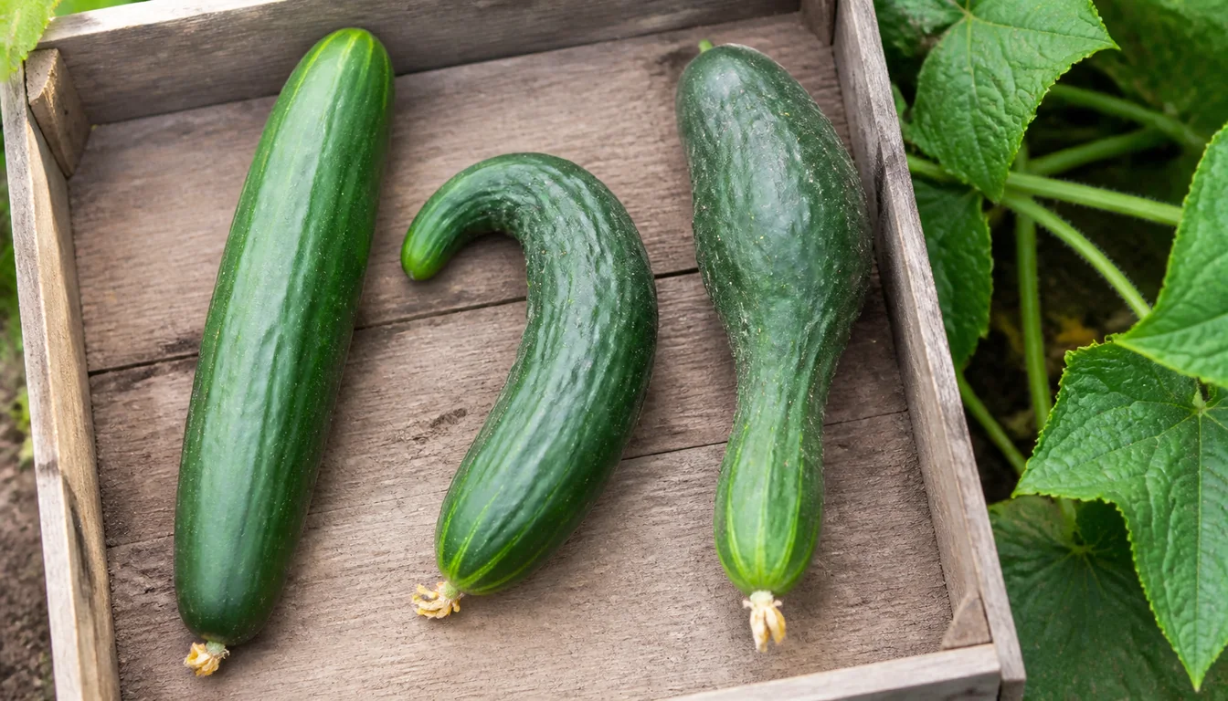 Straight cucumber beside hooked and narrow-ended fruit caused by uneven development