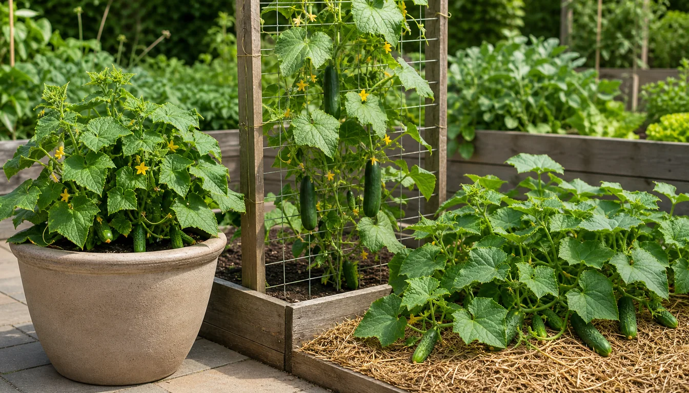 Bush cucumber, trellised slicer, and sprawling pickling vine shown in distinct garden spaces