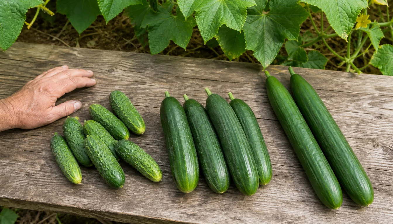 Pickling, slicing, and burpless cucumbers arranged at their useful harvest sizes