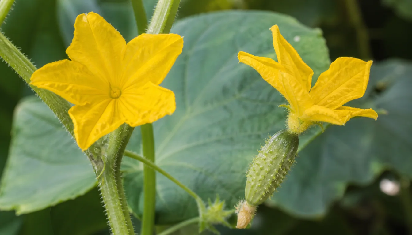Male cucumber flower on a plain stem beside a female flower with a tiny cucumber-shaped ovary behind it
