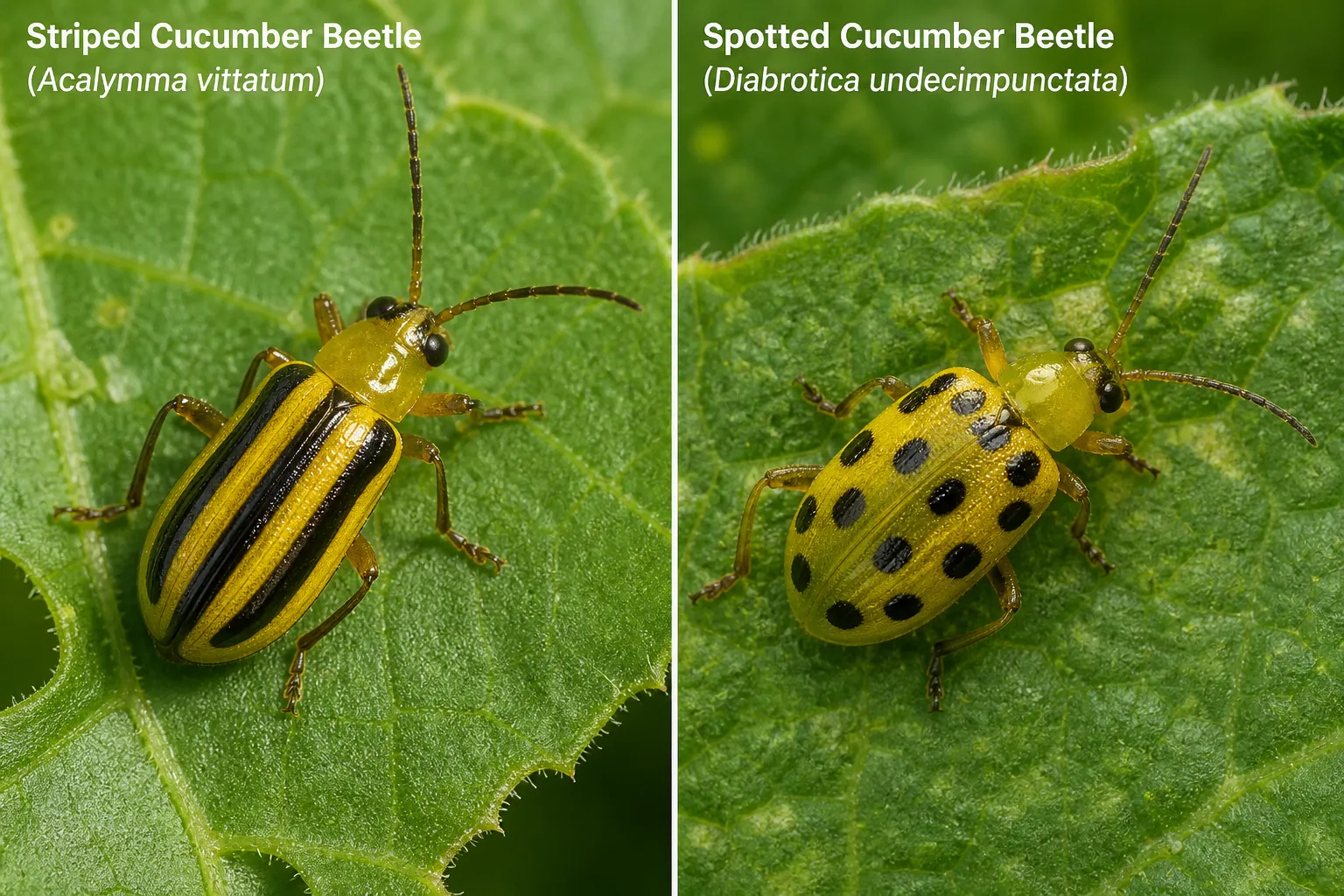 Close comparison of a striped cucumber beetle with three black stripes beside a spotted cucumber beetle with scattered black spots on a cucumber leaf