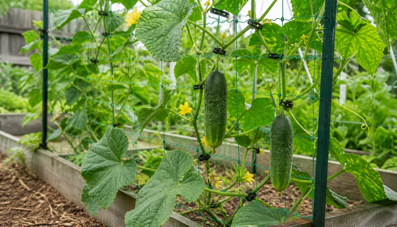 Cucumber vines clipped loosely to vertical netting with straight green fruit hanging above a raised bed
