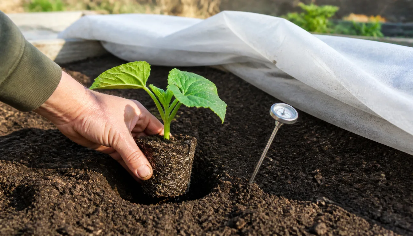 Cucumber transplant set at the soil line beside a soil thermometer after row cover removal