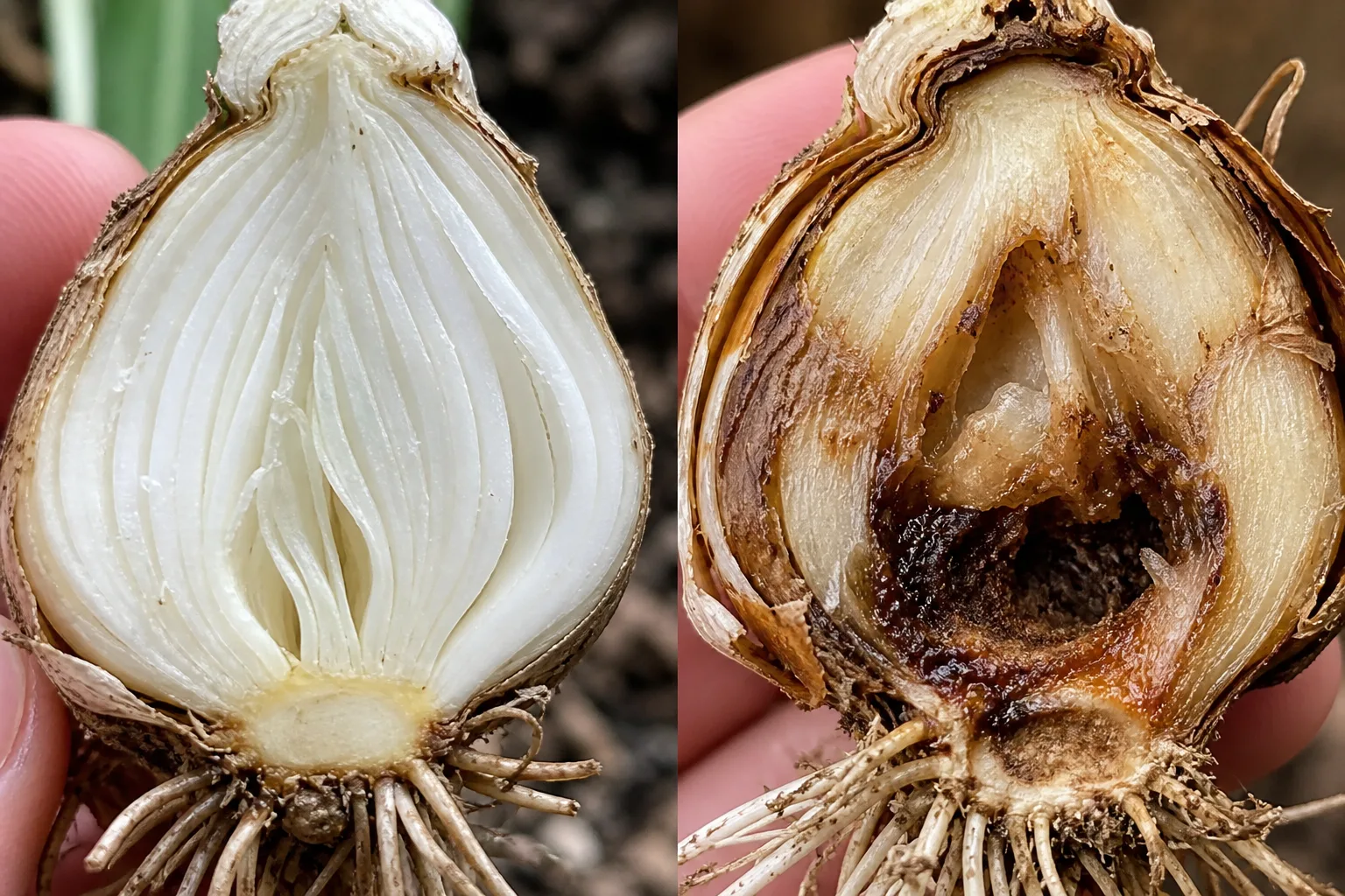 Cross-section comparison of a firm white healthy daffodil bulb beside a daffodil bulb with brown, soft basal rot