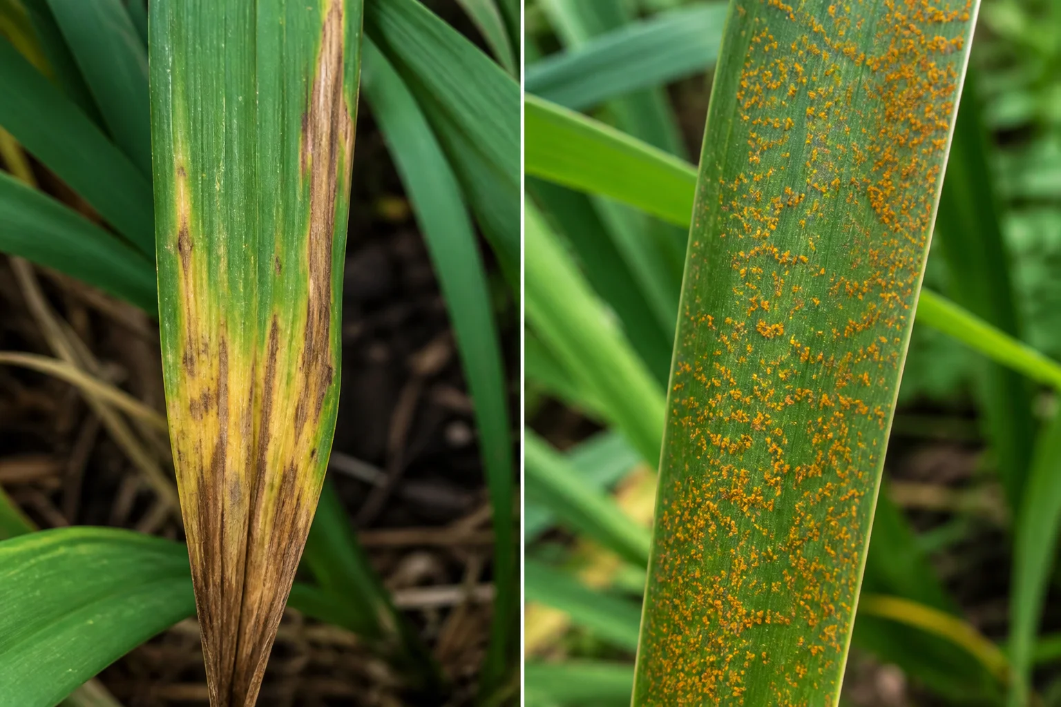 Side-by-side daylily leaf comparison showing yellow-brown streaks running from the tip on one leaf and scattered orange powdery rust pustules on another