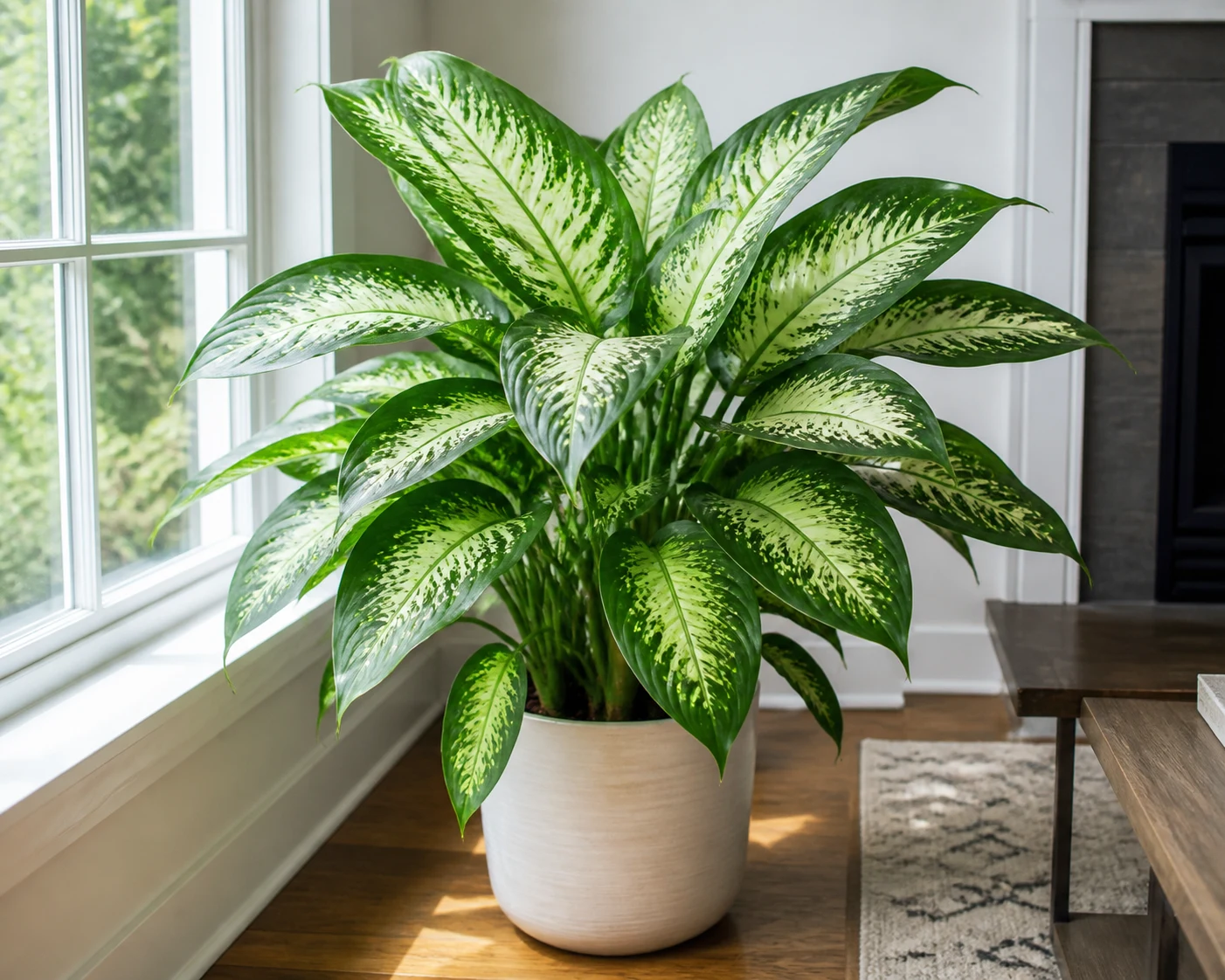 Dieffenbachia plant with broad, cream-speckled patterned leaves growing in a bright indoor room