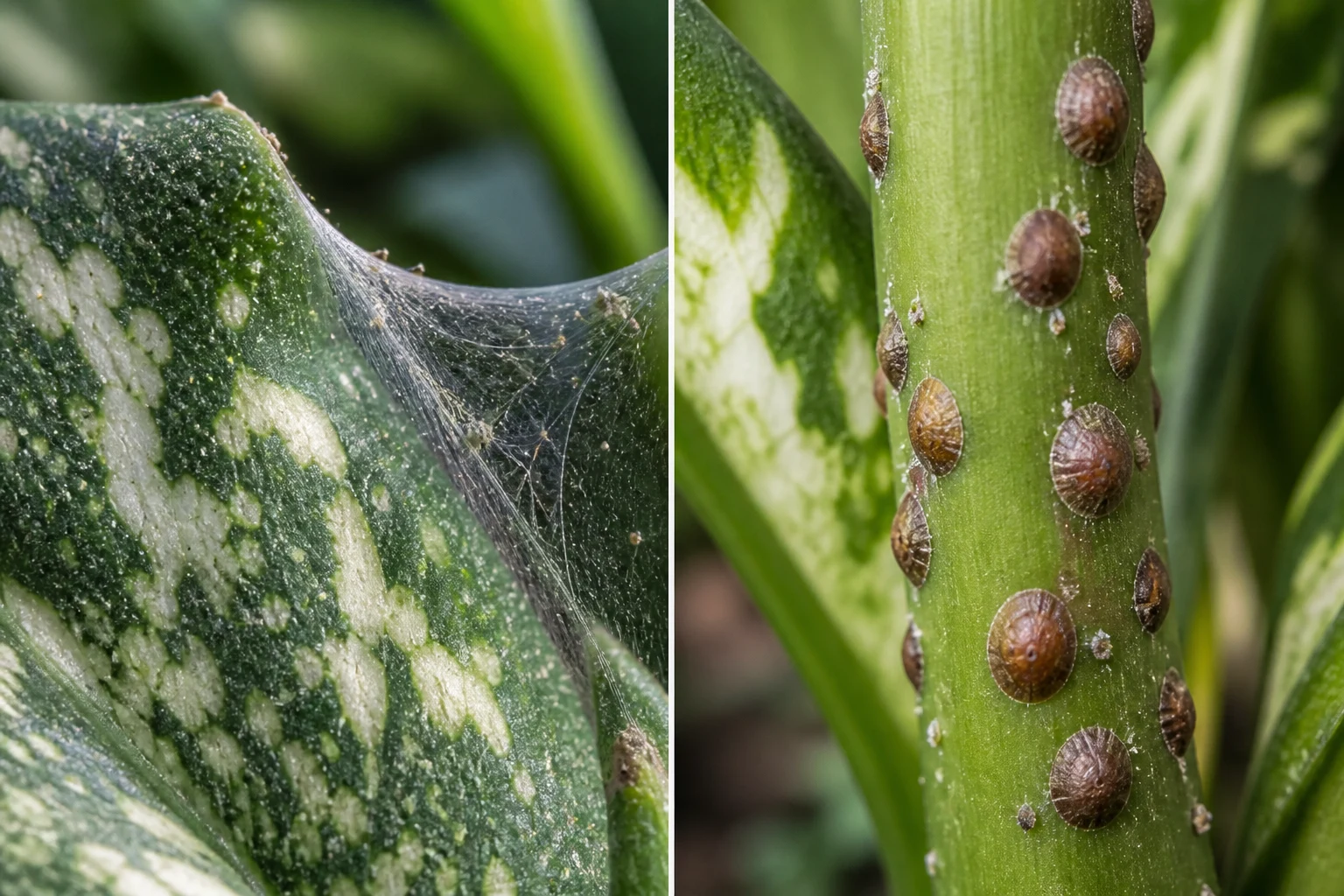 Close comparison of fine spider mite webbing and stippling on a Dieffenbachia leaf beside hard brown scale insect bumps on a stem