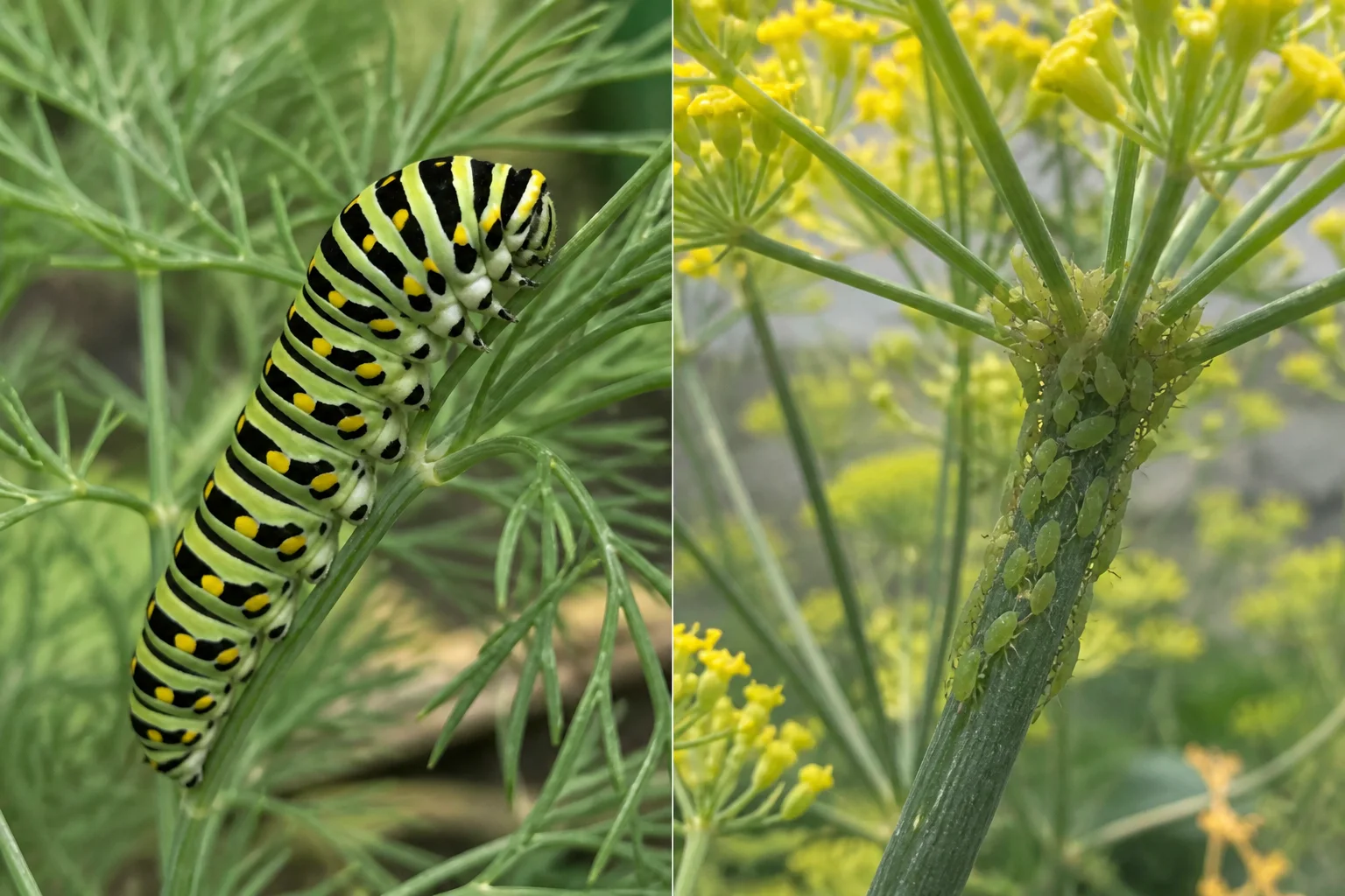 Side-by-side dill pest comparison showing a black, green, and yellow striped swallowtail caterpillar on feathery foliage next to a cluster of tiny green aphids on a flower umbel stem