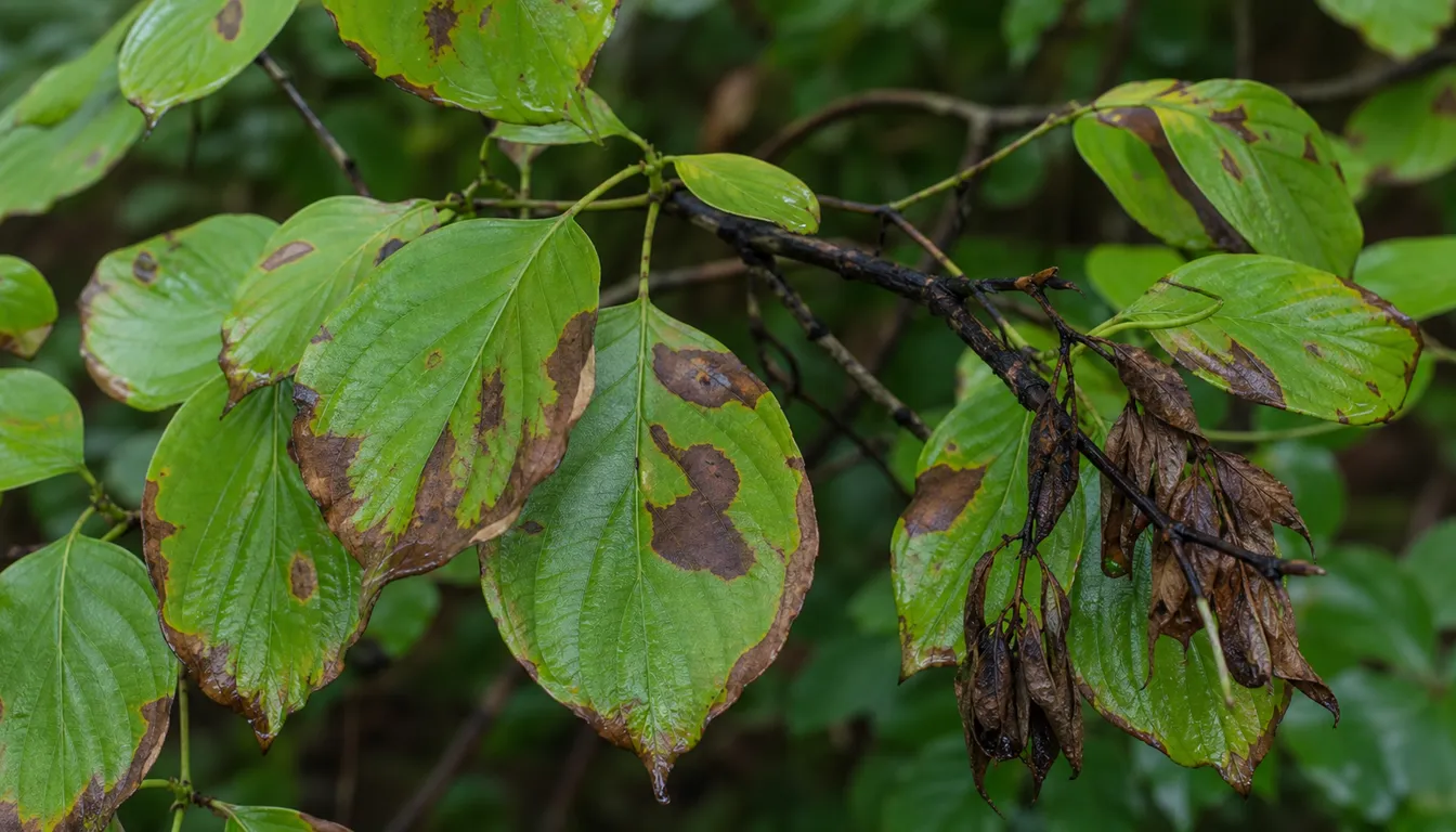 Dogwood leaves with anthracnose blotches, browning edges, and nearby twig dieback