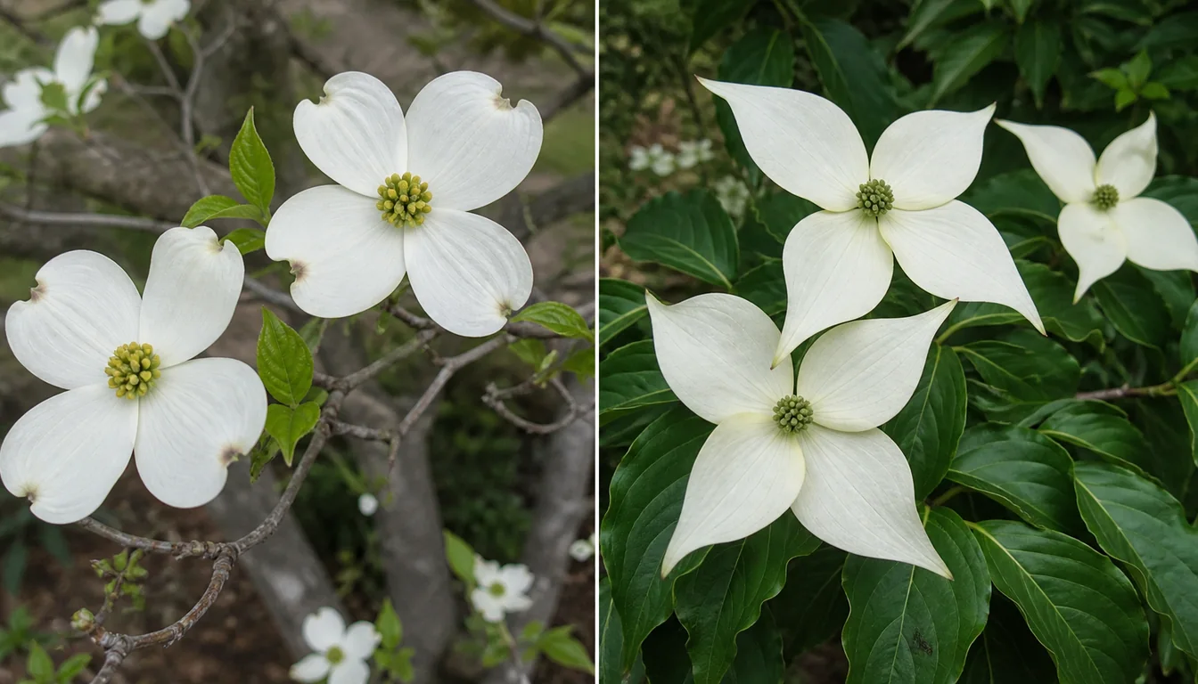 Flowering dogwood bracts opening before full leaf-out beside kousa dogwood bracts held above mature green leaves