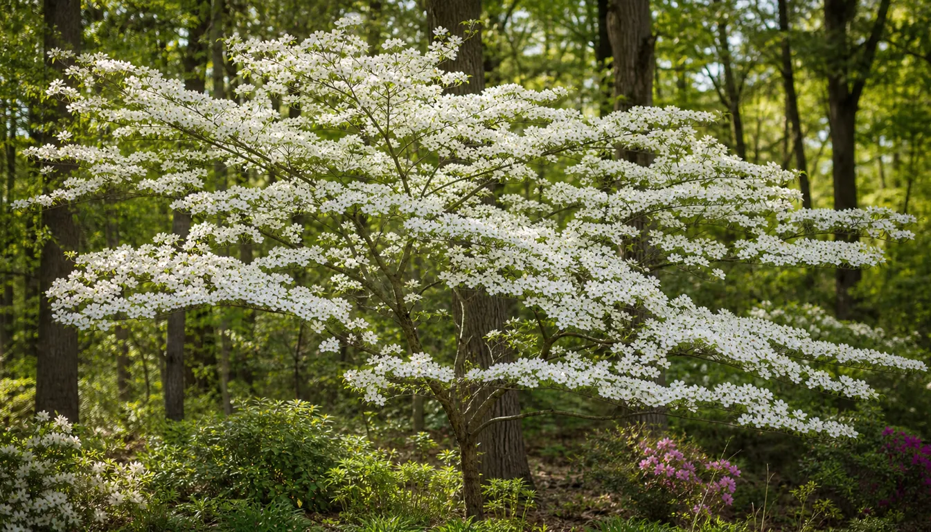 Flowering dogwood tree in full spring bloom with tiered branches at a woodland edge