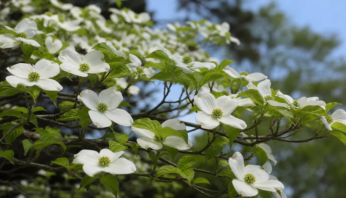 Close view of layered dogwood branches carrying white bracts and fresh green leaves