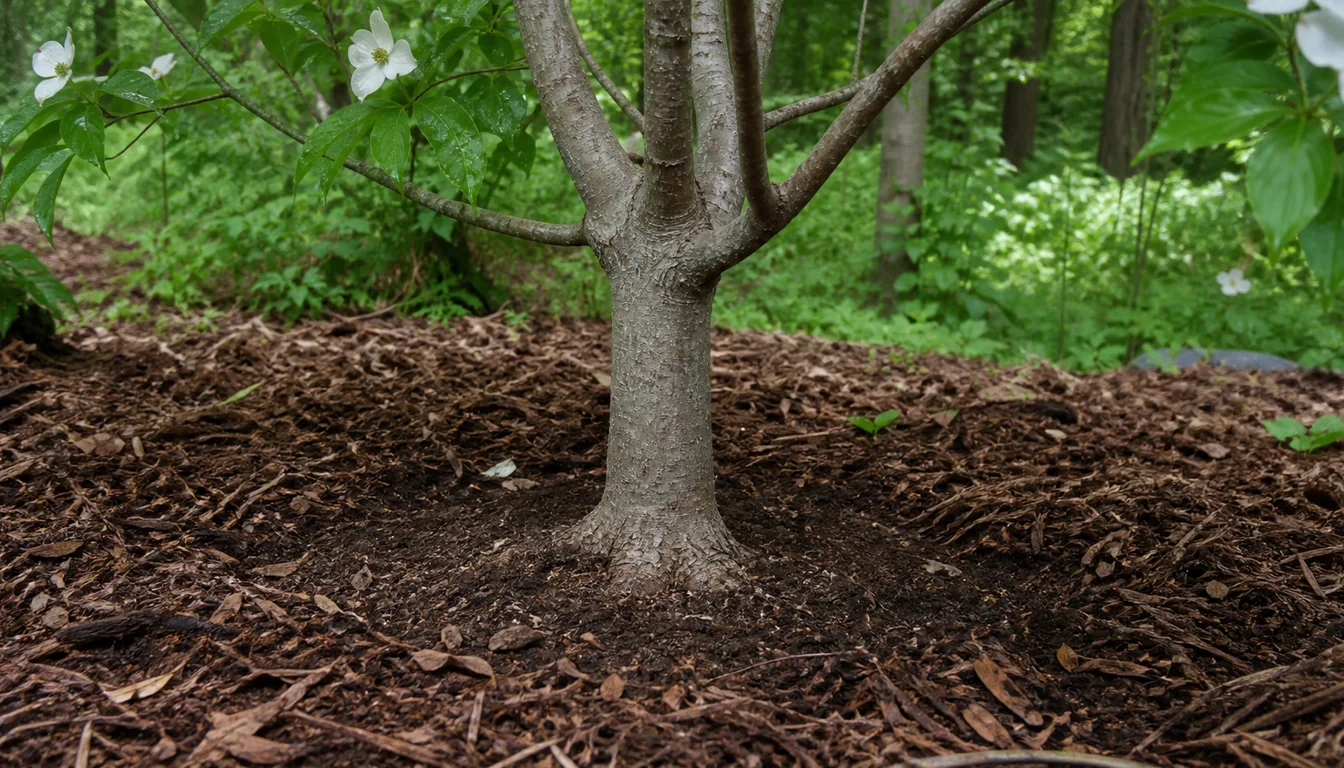 Young flowering dogwood planted with the root flare visible and a wide shallow mulch ring pulled away from the bark