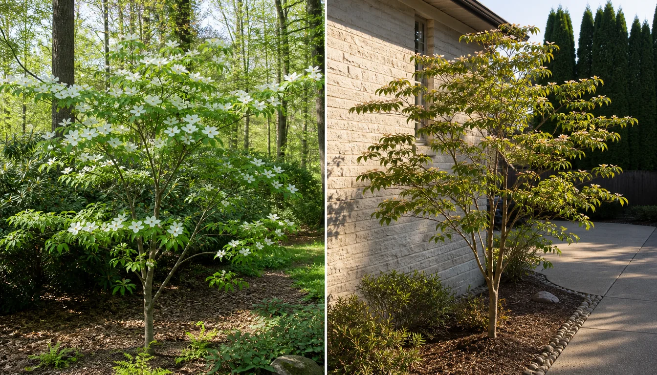 Healthy flowering dogwood at a bright woodland edge beside a heat-scorched dogwood near pavement and a west-facing wall